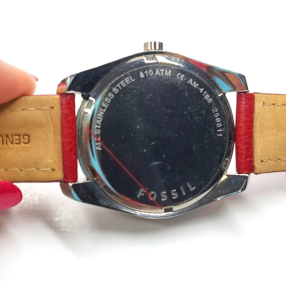 Fossil Watch AM-4188 Silver Watch Red Leather Band Crystal Bling